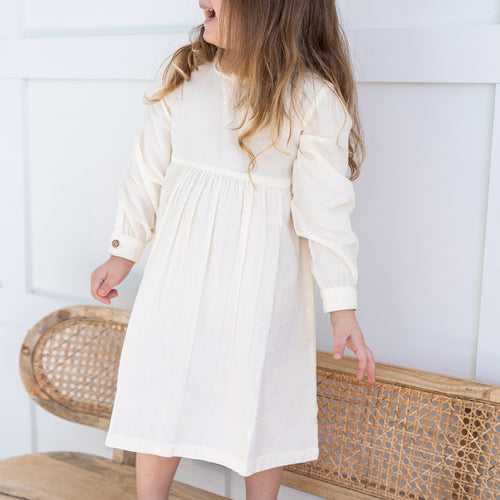 Off-White Corduroy Long Sleeves Gathered Dress