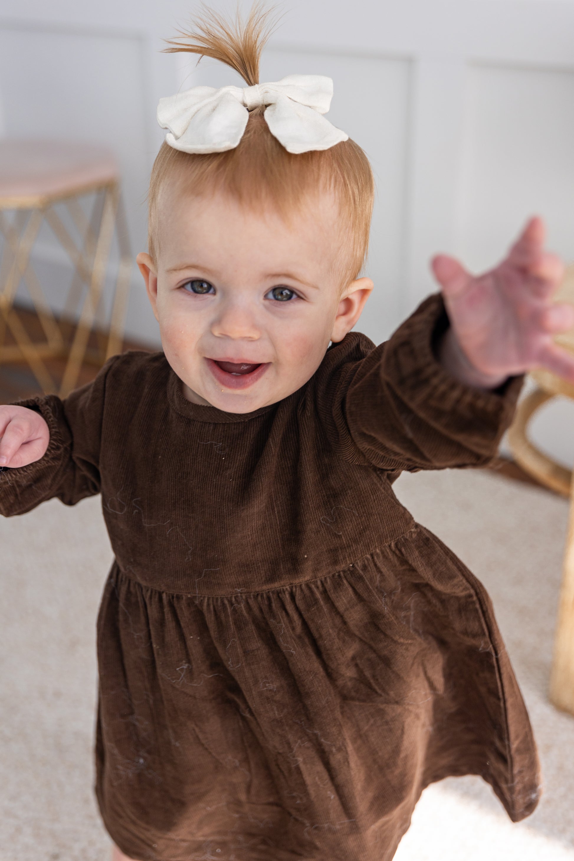 Brown Corduroy Long Sleeves Gathered Dress — Cotton Girls Dress