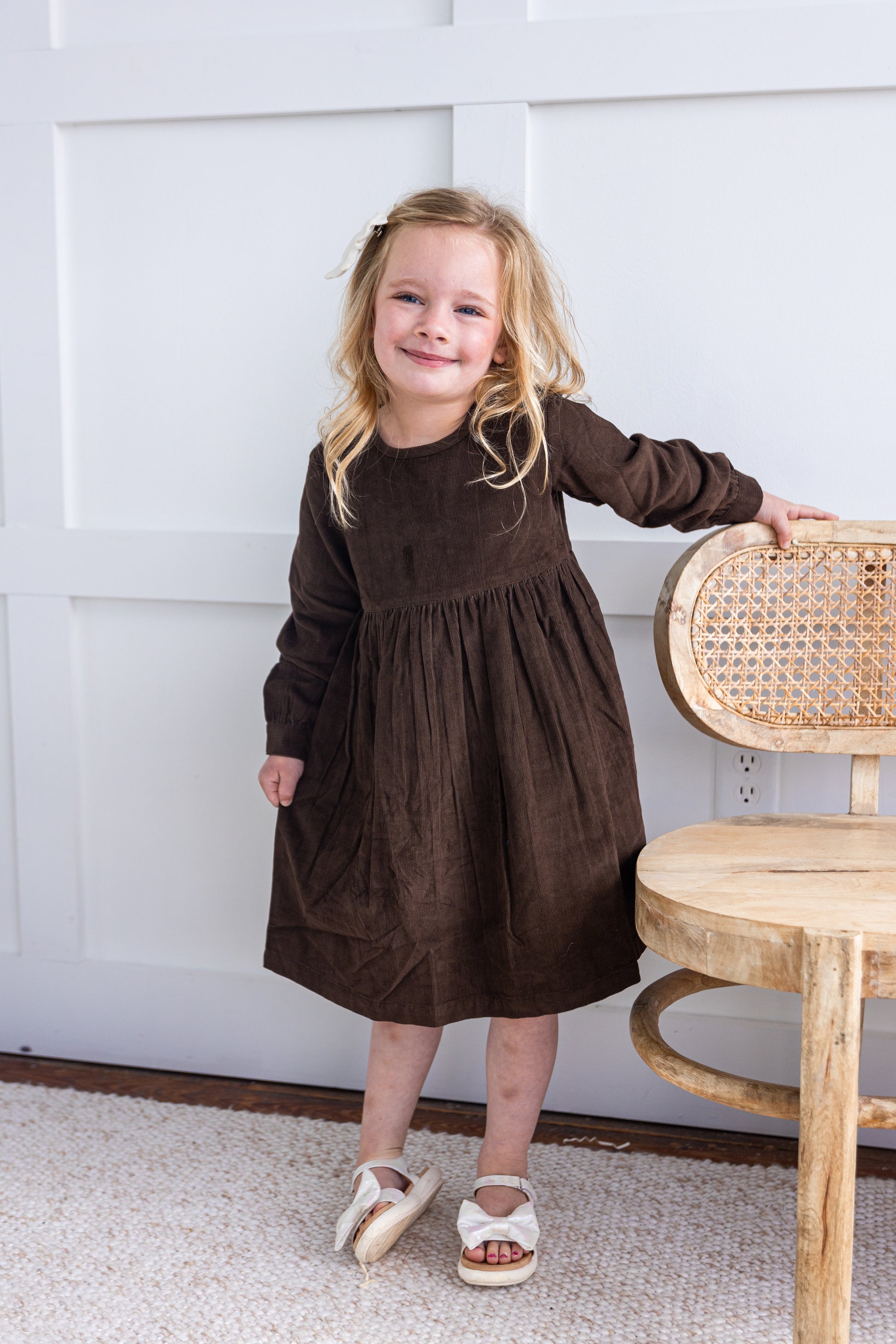 Brown Corduroy Long Sleeves Gathered Dress — Cotton Girls Dress