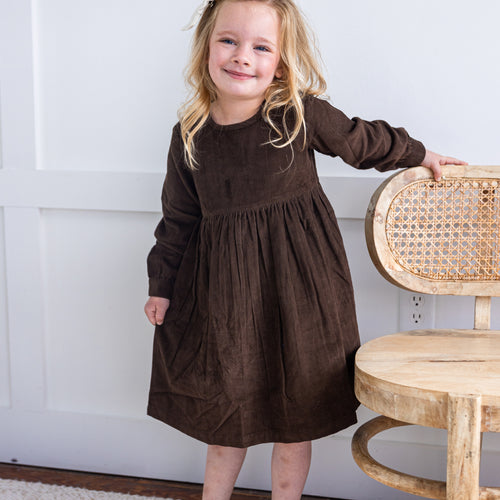 Brown Corduroy Long Sleeves Gathered Dress
