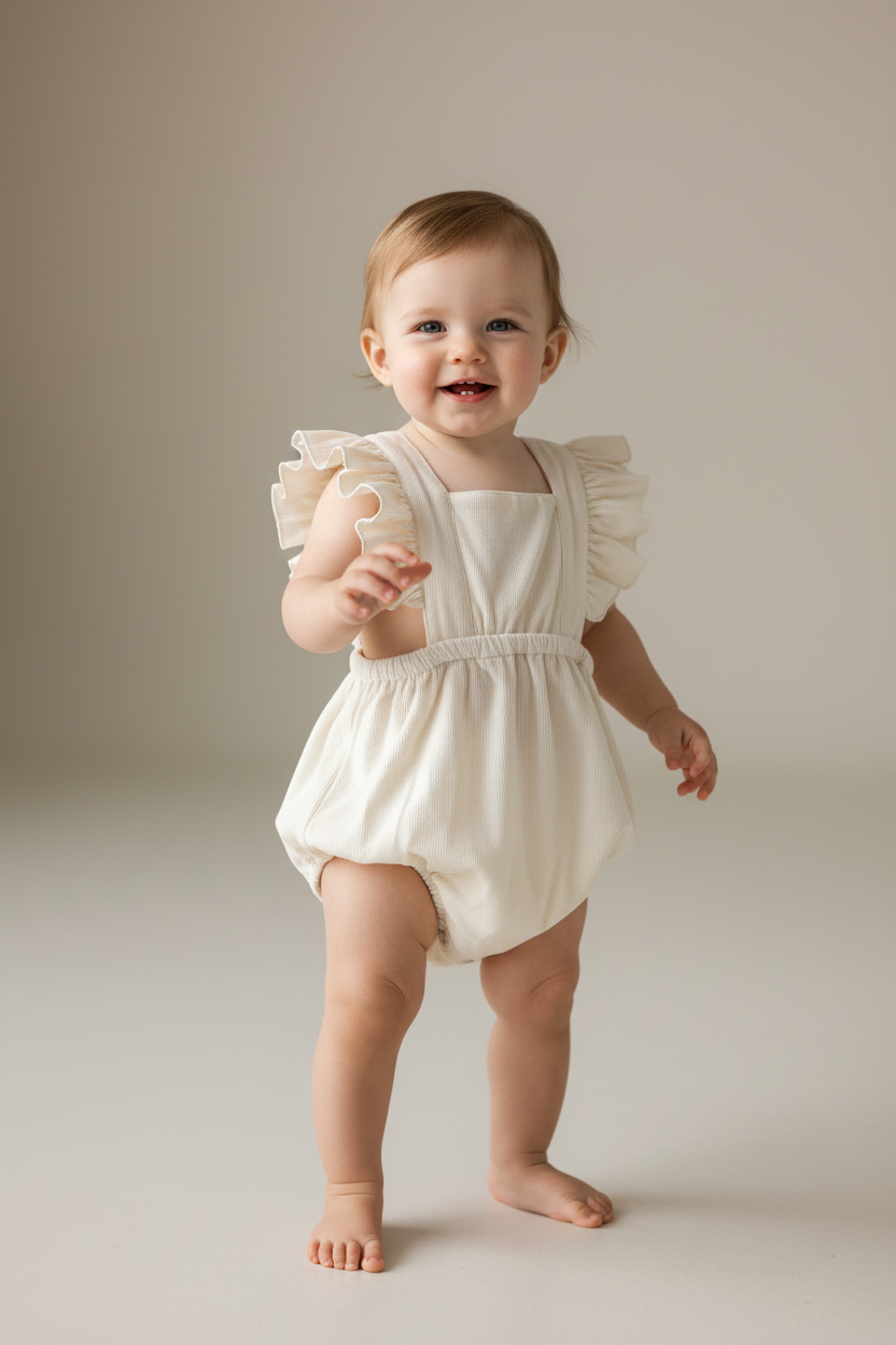 Off-White Corduroy Ruffled Baby Romper — Cotton Baby Girl Romper | 0-24 Months