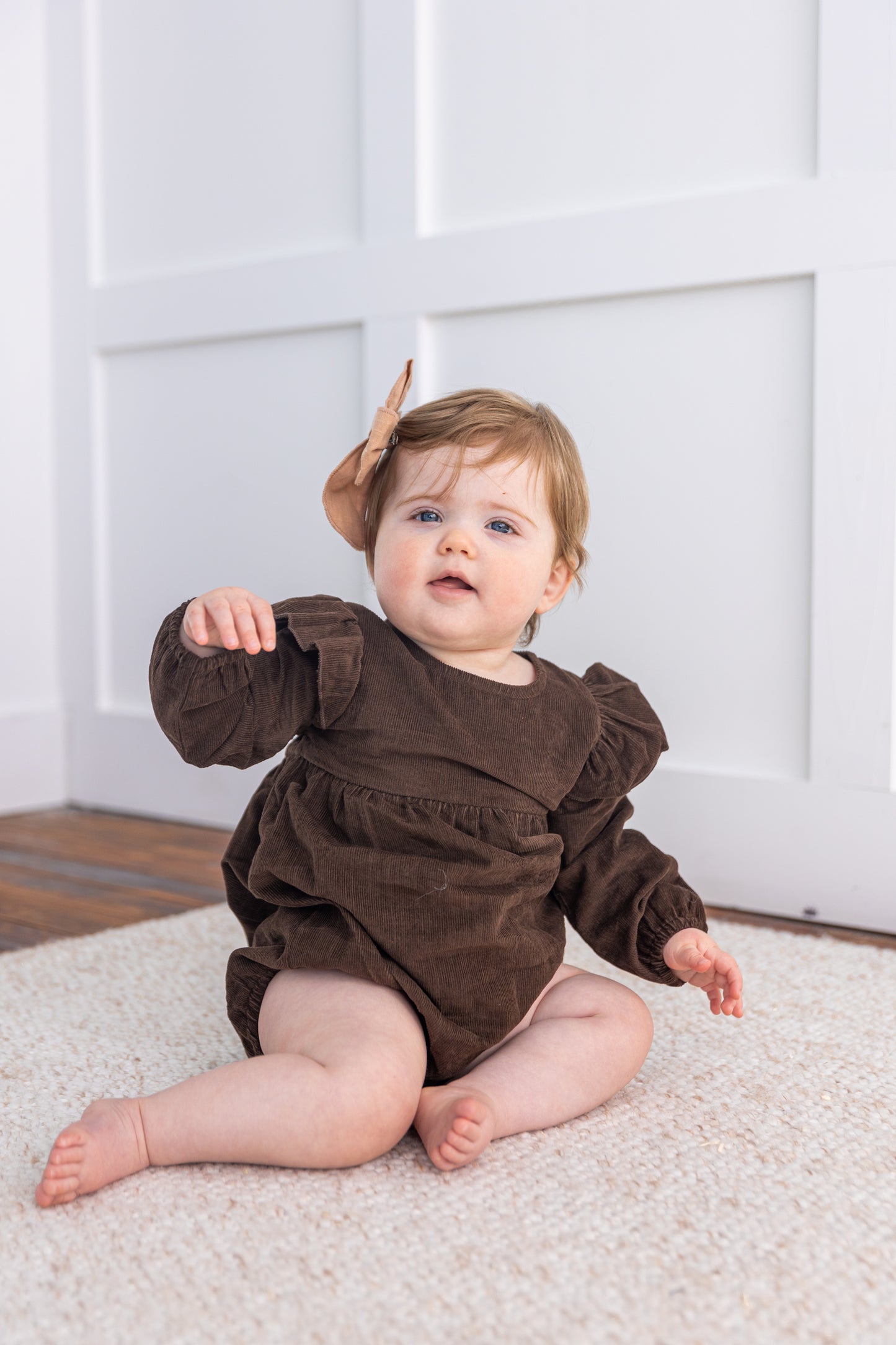 Brown Corduroy Solid Color Sleeve Ruffled Baby Romper