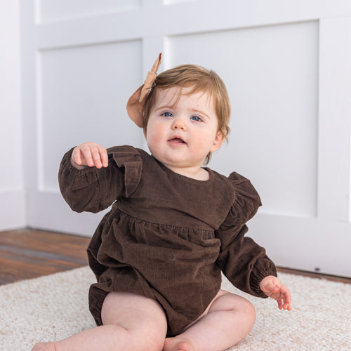 Brown Corduroy Full Sleeves Ruffled Baby Romper