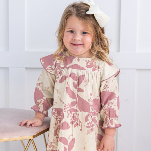 Dark Pink Leaf Printed Tiered Long Sleeve Dress