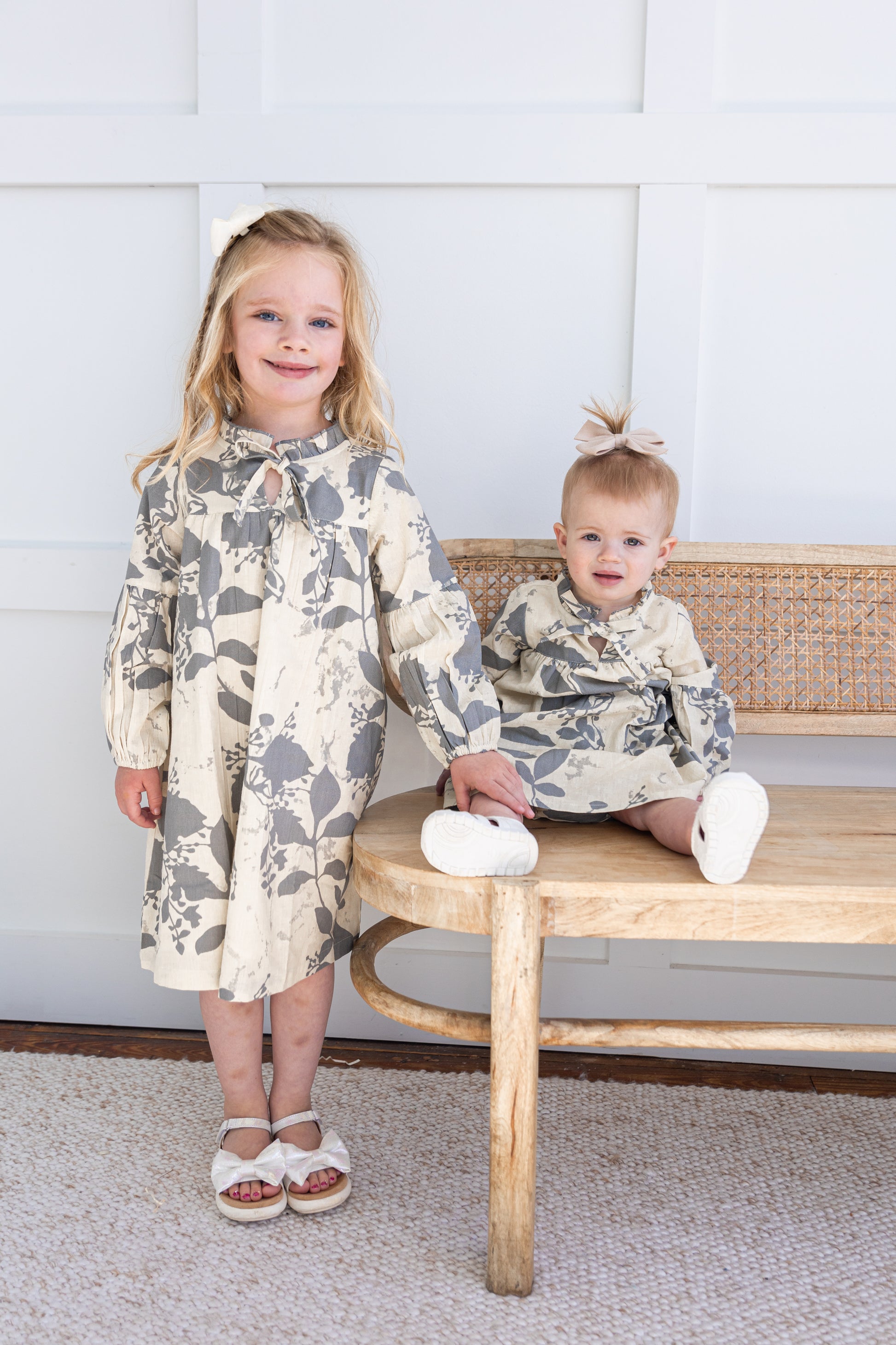 Grey Leaf Printed Gathered Long Sleeve Dress — Cotton Girls Dress