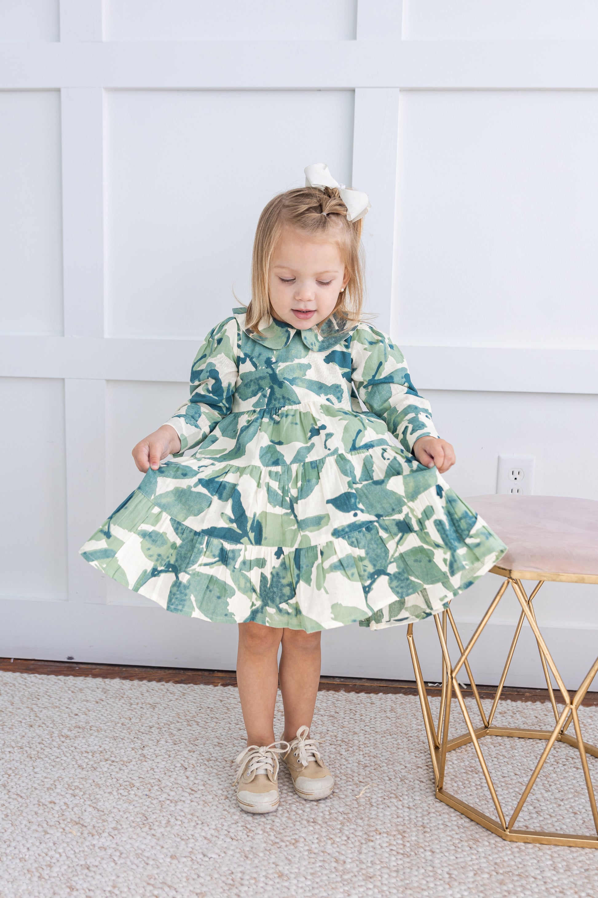 Sage Green Leaf Printed Peter Pan Collar Tiered Long Sleeve Dress Cotton Girls Dress | 0-13 Years Sage Green Leaf Printed Peter Pan Collar Tiered Long Sleeve Dress Cotton Girls Dress | 0-13 Years