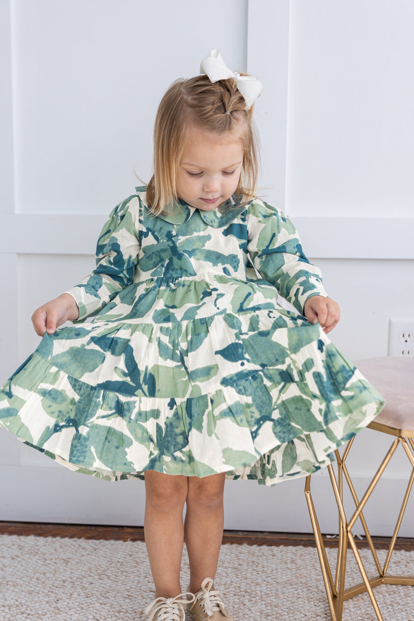 sage-Green Leaf Printed Peter Pan Collar Tiered Long Sleeve Dress sage-Green Leaf Printed Peter Pan Collar Tiered Long Sleeve Dress