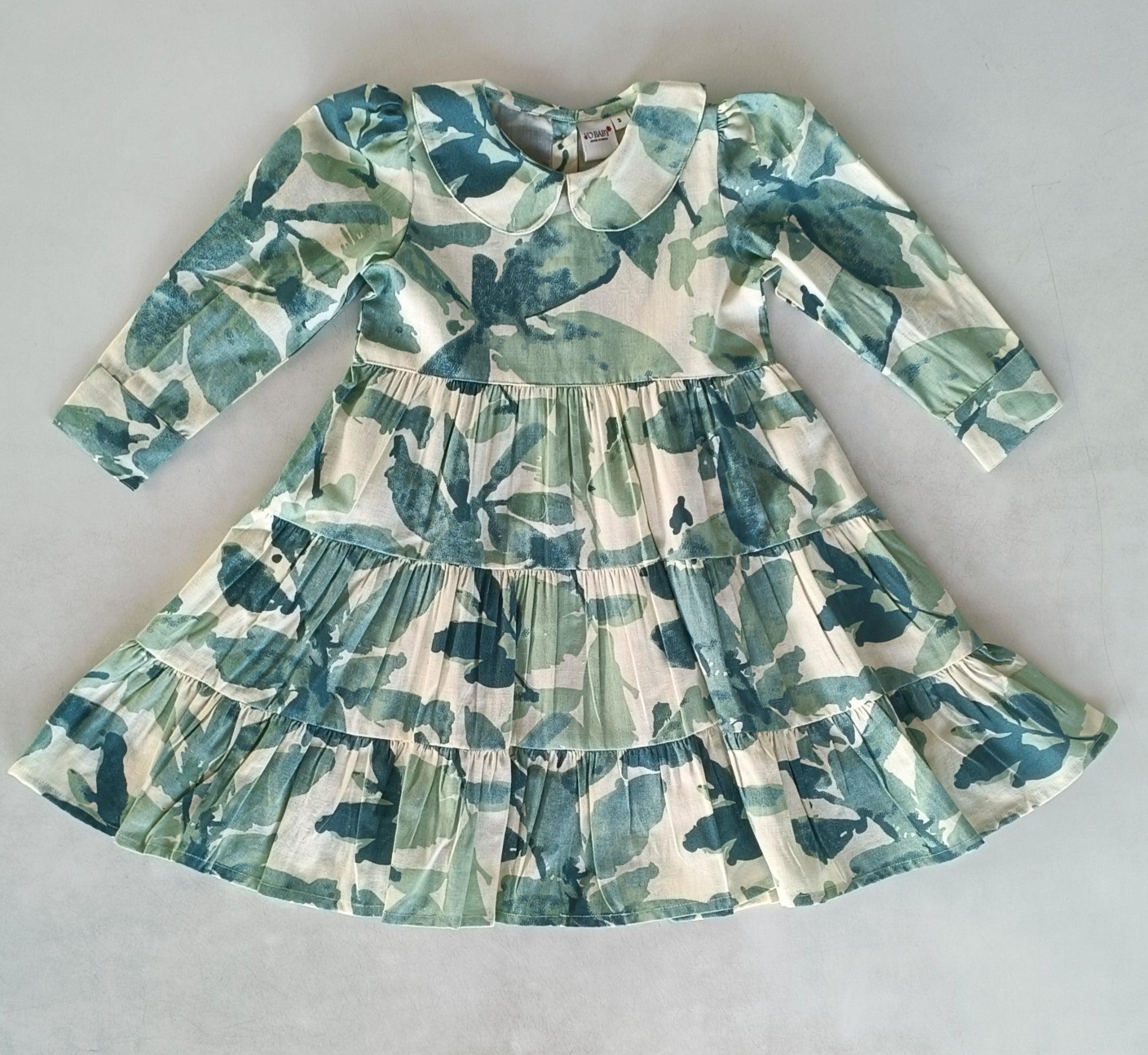 Sage-Green Leaf Printed Peter Pan Collar Tiered Long Sleeve Dress Yo Baby Online Sage-Green Leaf Printed Peter Pan Collar Tiered Long Sleeve Dress Yo Baby Online