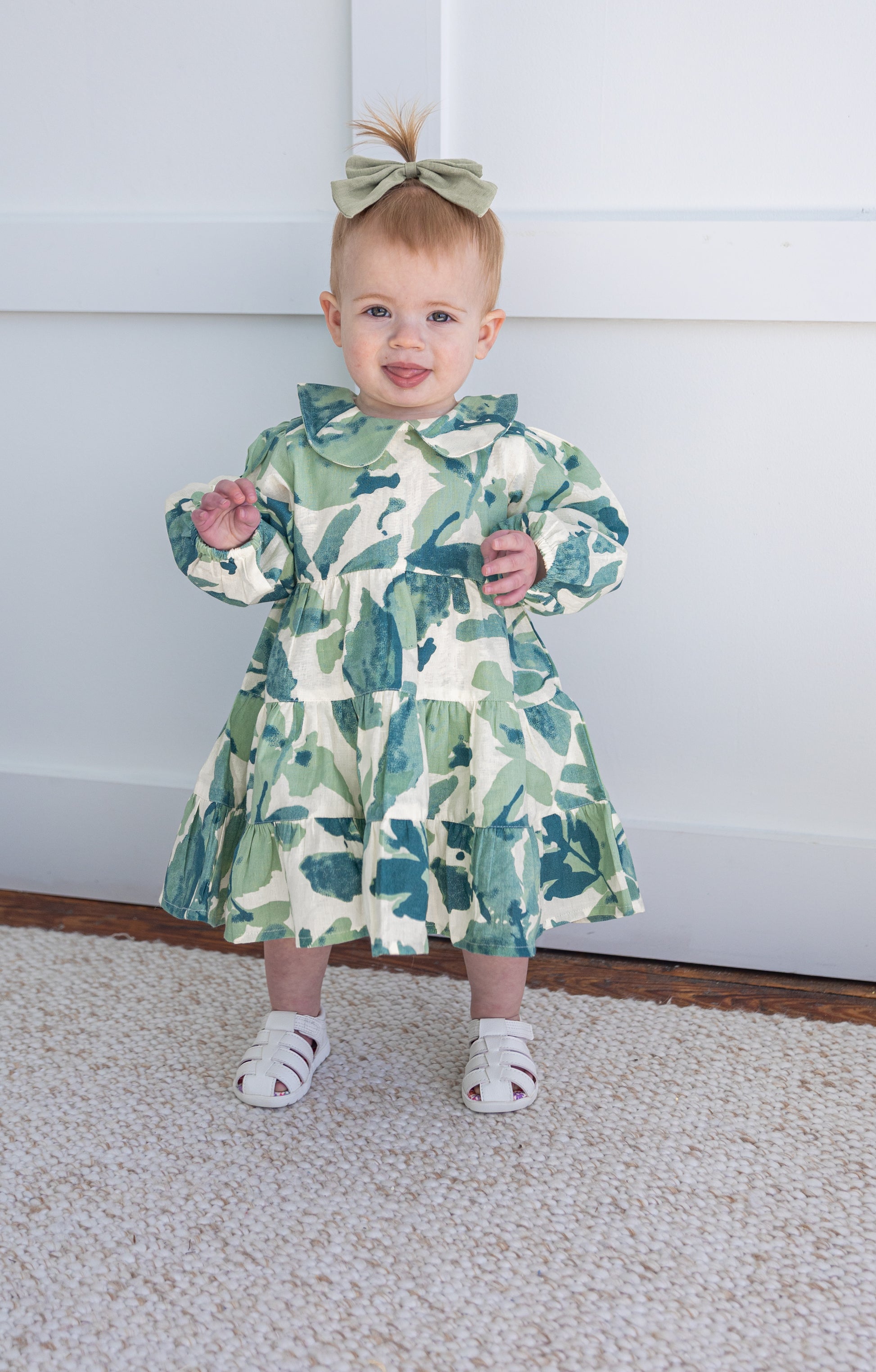 Sage Green Leaf Printed Peter Pan Collar Tiered Long Sleeve Dress Cotton Girls Dress | 0-13 Years Sage Green Leaf Printed Peter Pan Collar Tiered Long Sleeve Dress Cotton Girls Dress | 0-13 Years