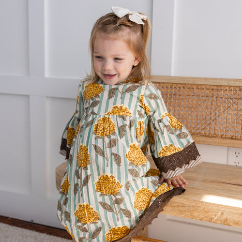 Yellow Floral Printed Bell Sleeves Gathered Dress