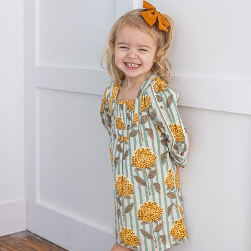 Mustard Floral Printed Long Sleeves Gathered Dress