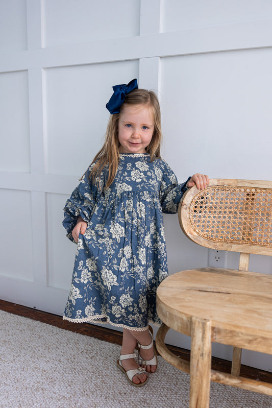 Grey Floral Printed Neck & Bottom Lace Long Sleeves Gathered Dress
