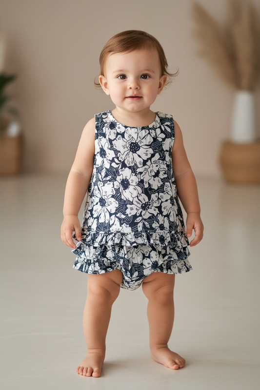White Floral Printed Ruffled Top and Ruffled Diaper Cover Baby Set — Cotton Baby Girl Set | 0-24 Months