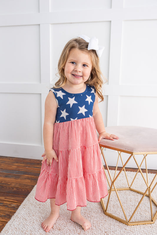 Stars & Red Striped Printed Tiered Gathered Dress