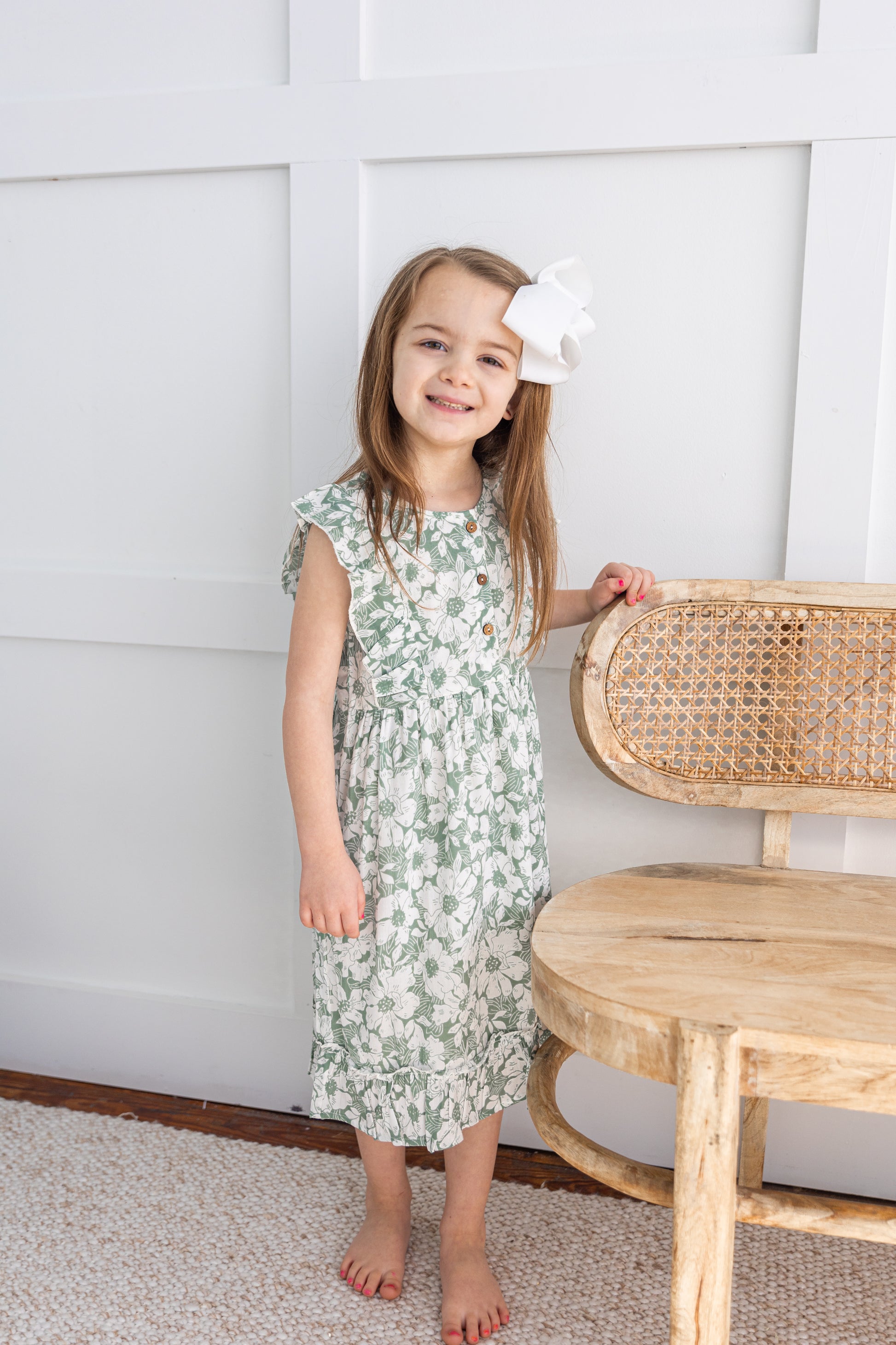 Sage Green Printed Yoke and Bottom Ruffled Dress — Cotton Girls Dress – Yo Baby Online