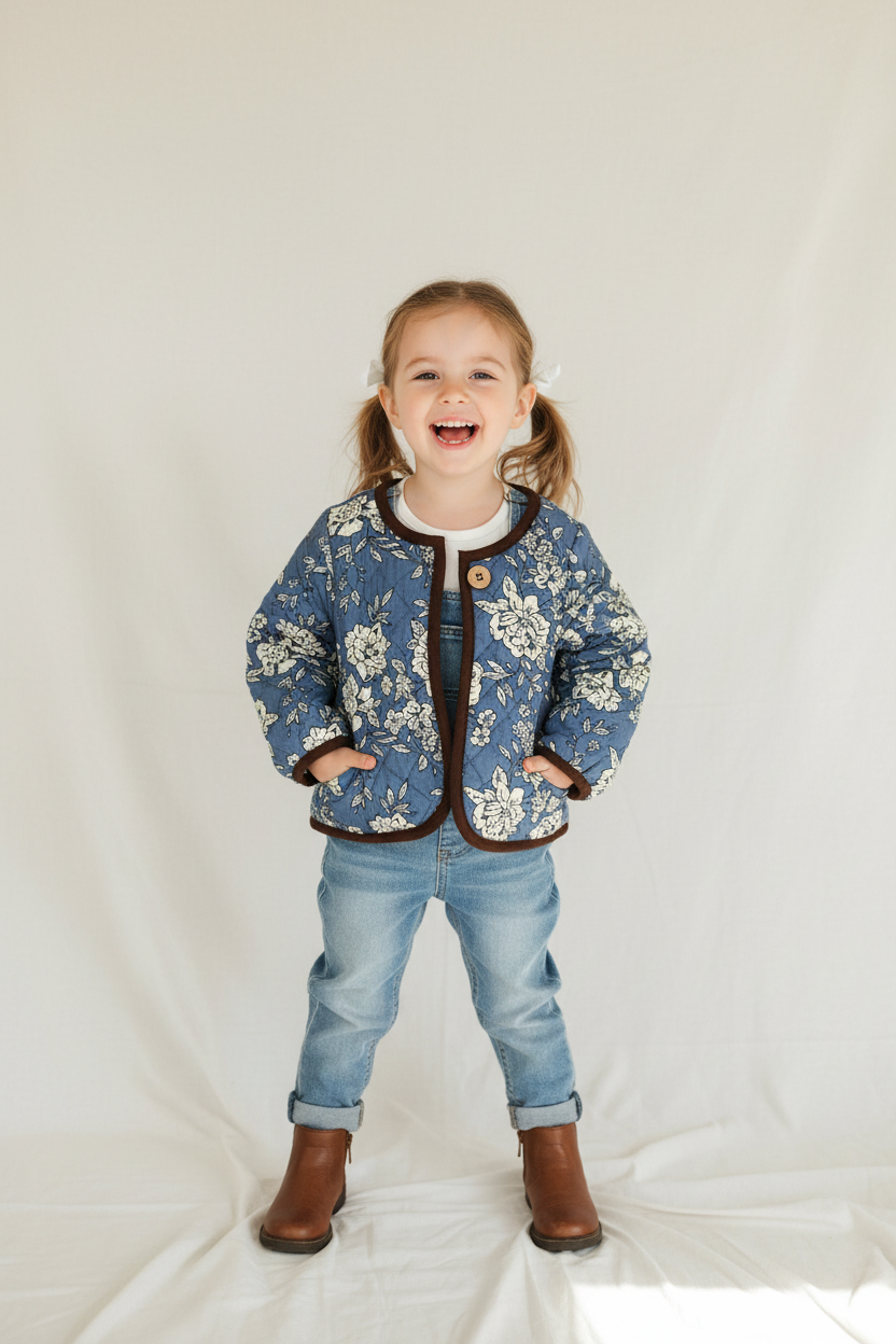 Reversible Solid Brown Corduroy and Grey Floral Print Quilted Long Sleeve Jacket