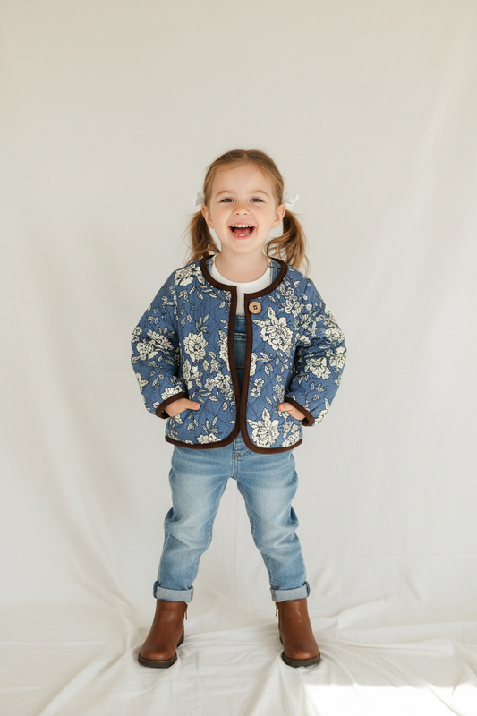 Reversible Solid Brown Corduroy and Grey Floral Print Quilted Long Sleeve Jacket