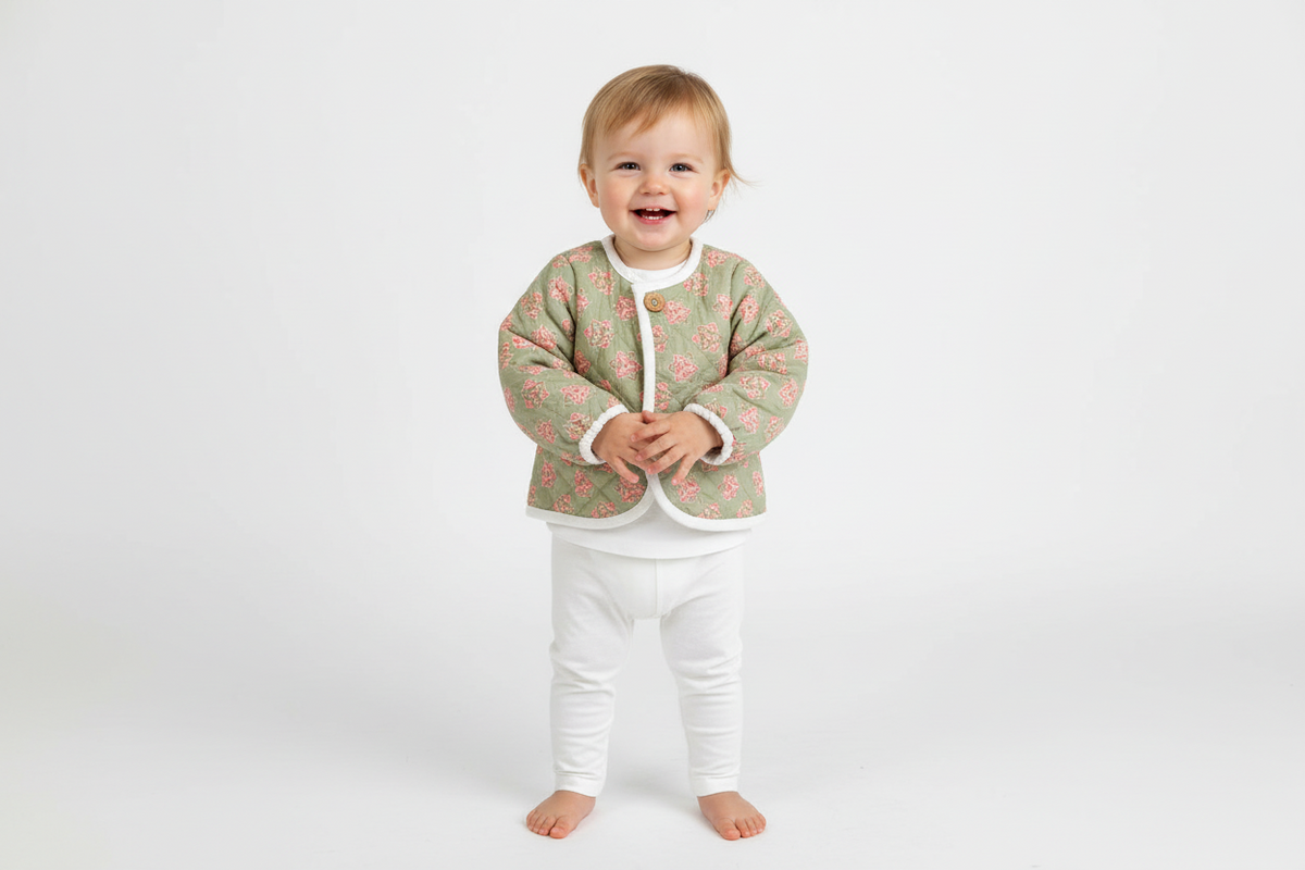 Reversible Off-White Corduroy and Sage Green Floral Print Quilted Long Sleeve Jacket
