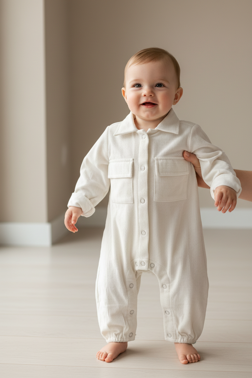 Off-White Corduroy Long Sleeve Baby Jumpsuit