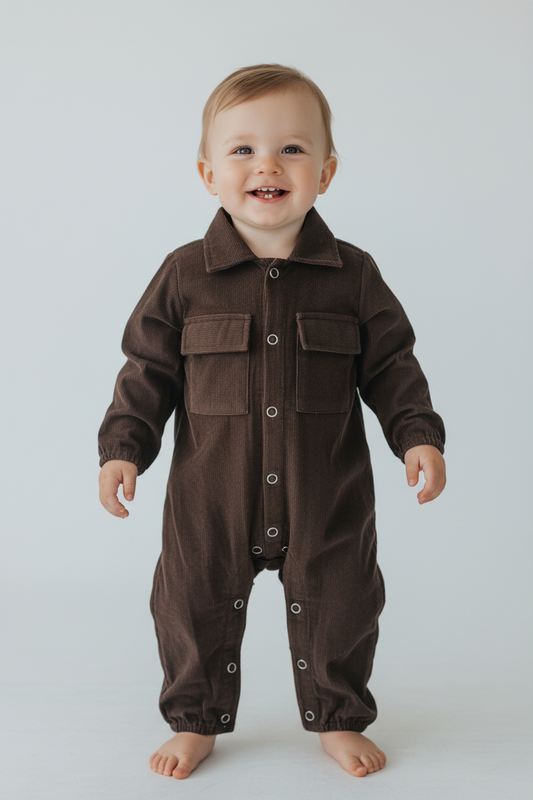 Brown Corduroy Long Sleeve Baby Jumpsuit