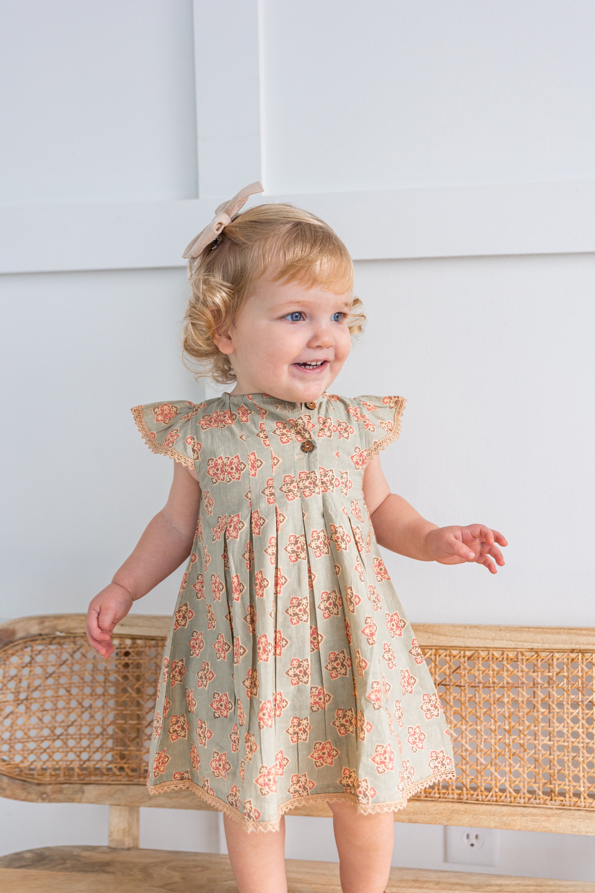 Sage Green Floral Printed Box Pleat Dress Cotton Girls Dress | Infant to Tween 0-13 Years Sage Green Floral Printed Box Pleat Dress Cotton Girls Dress | Infant to Tween 0-13 Years