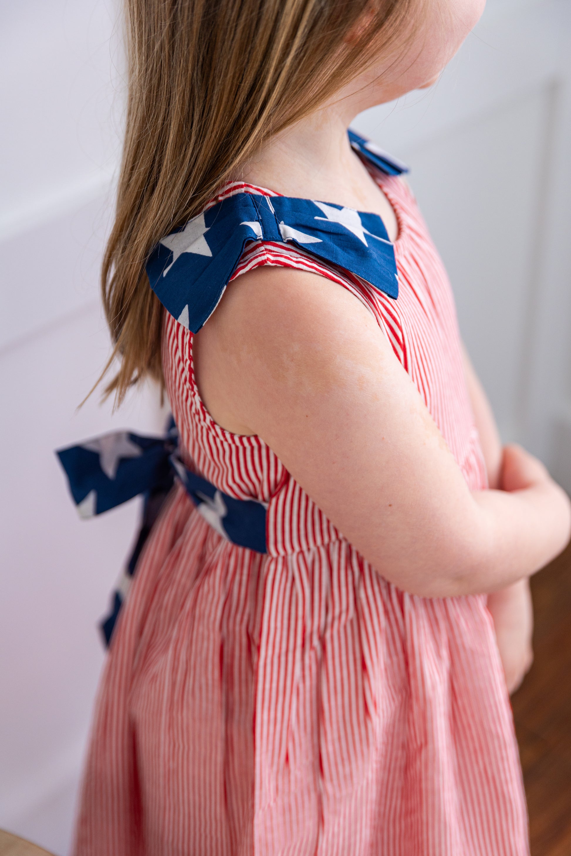 Stars and Red Striped Printed Bow Gathered Dress — Cotton Girls Dress