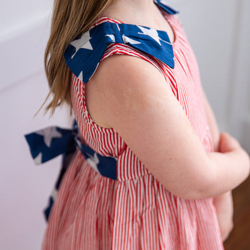 Stars & Red Striped Printed Bow Gathered Dress