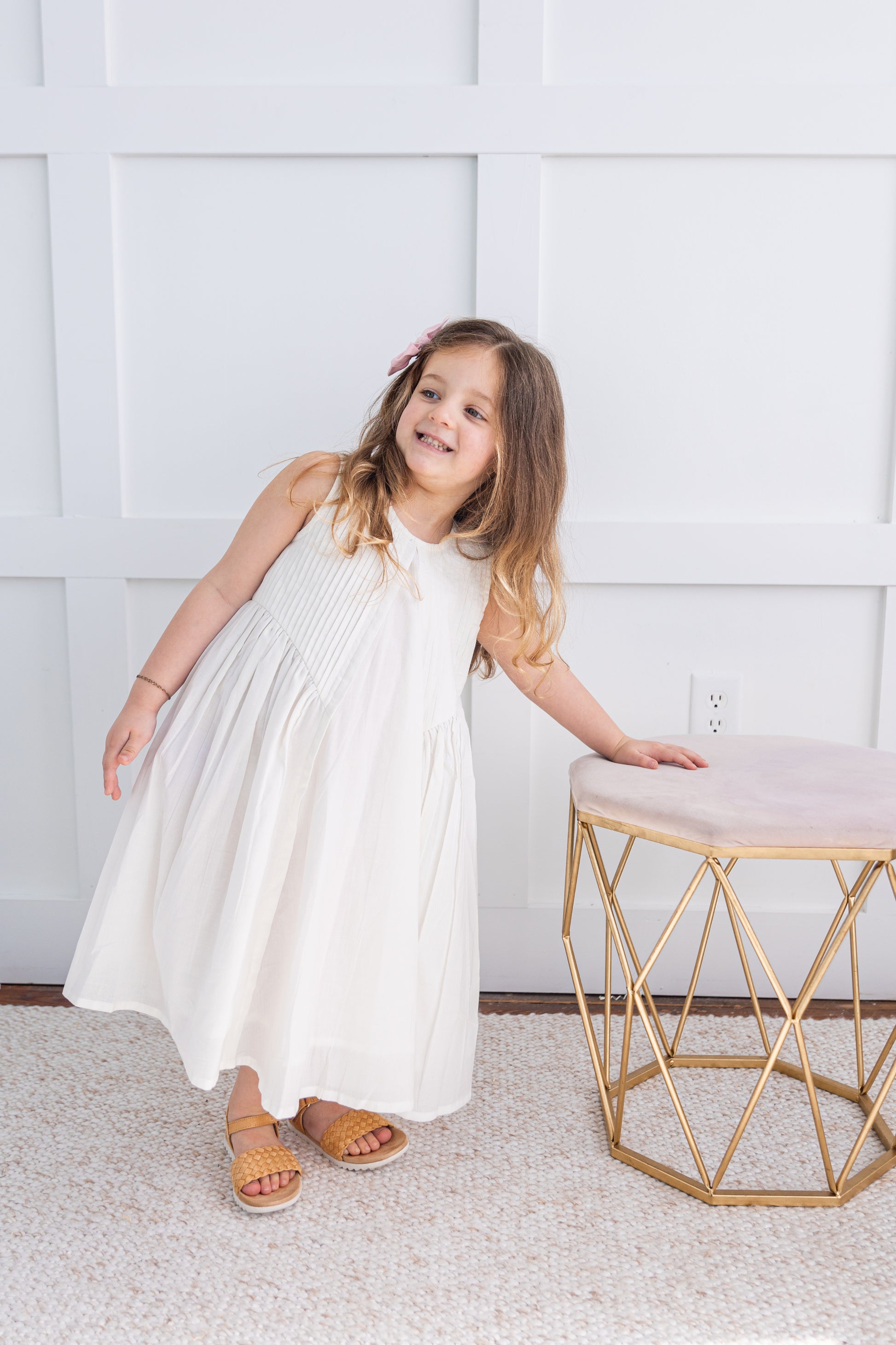 White Pintuck Gathered Dress — 100% Cotton Girls Dress