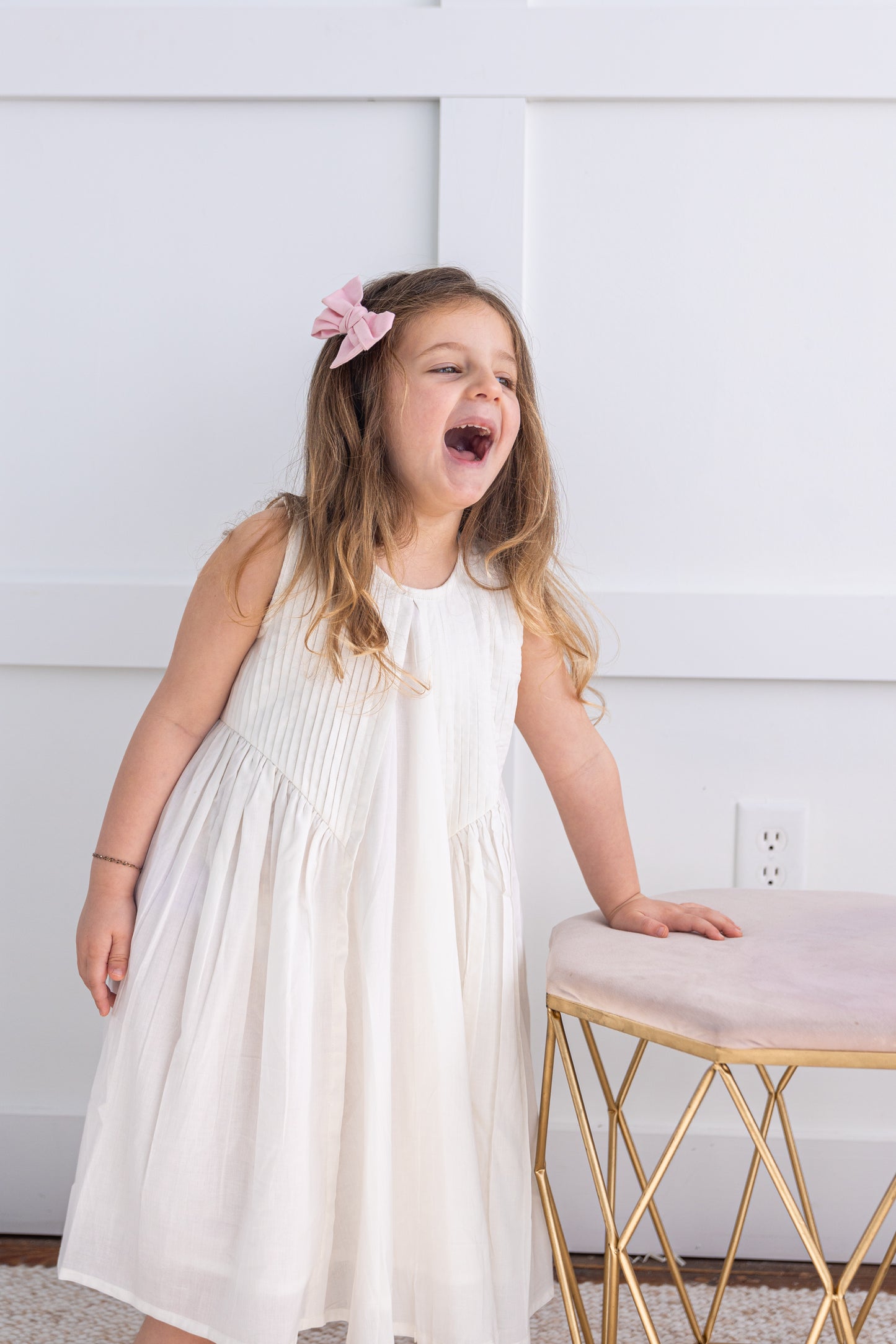 White Pintuck Gathered Dress — 100% Cotton Girls Dress