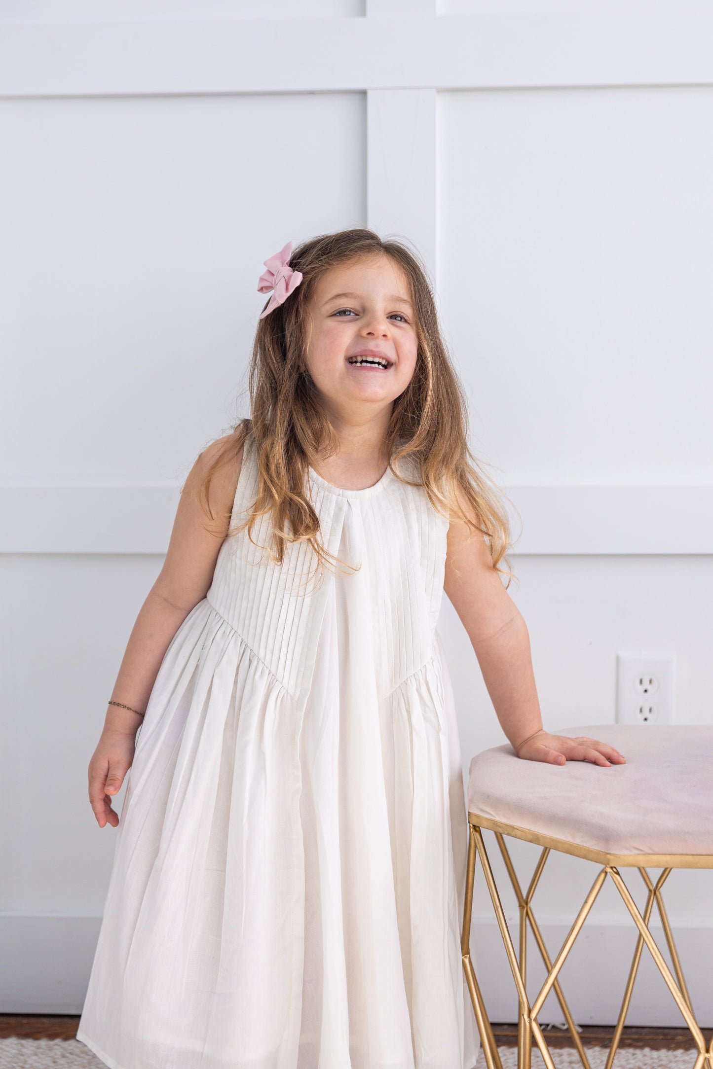 White Pintuck Gathered Dress — 100% Cotton Girls Dress