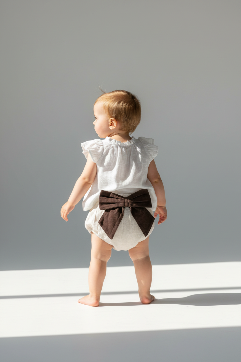 White Top and Ivory Diaper Cover with Attached Bow 2 Piece Set — Cotton Baby Girl Set | 0-24 Months