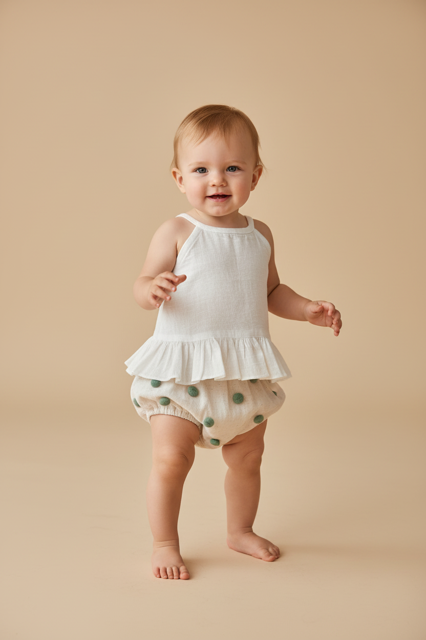 White Ruffle Top and Ivory Diaper Cover with Pom-Poms 6 Piece Set — Cotton Baby Girl Set | 0-24 Months