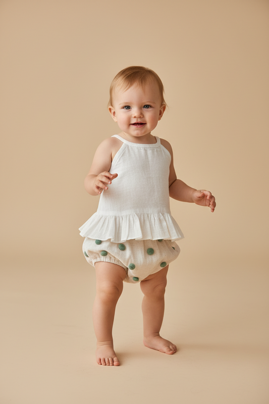 White Ruffle Top and Ivory Diaper Cover with Pom-Poms 6 Piece Set — Cotton Baby Girl Set | 0-24 Months