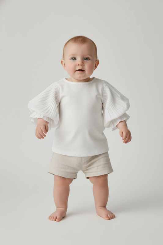 Solid White Color Puff Sleeves Ruffled Top