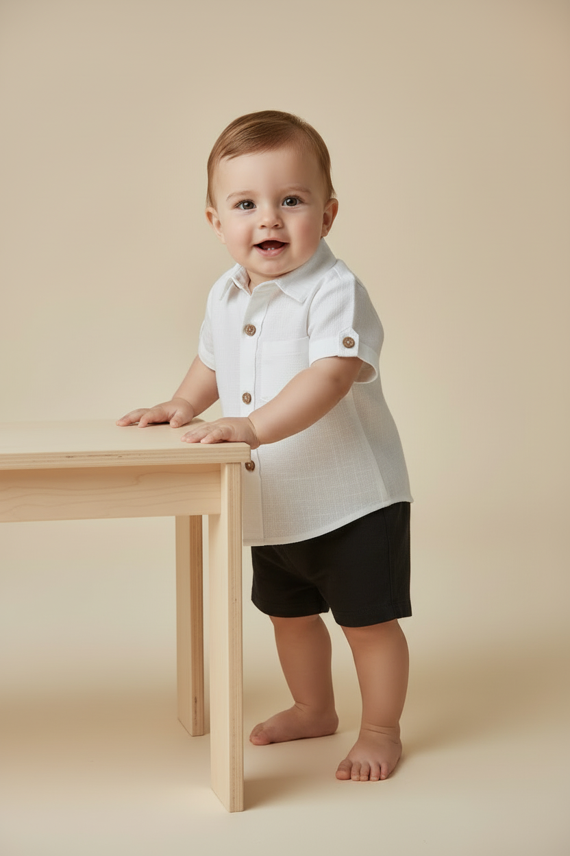 White Cotton Linen Boys Half-Sleeves  Shirts