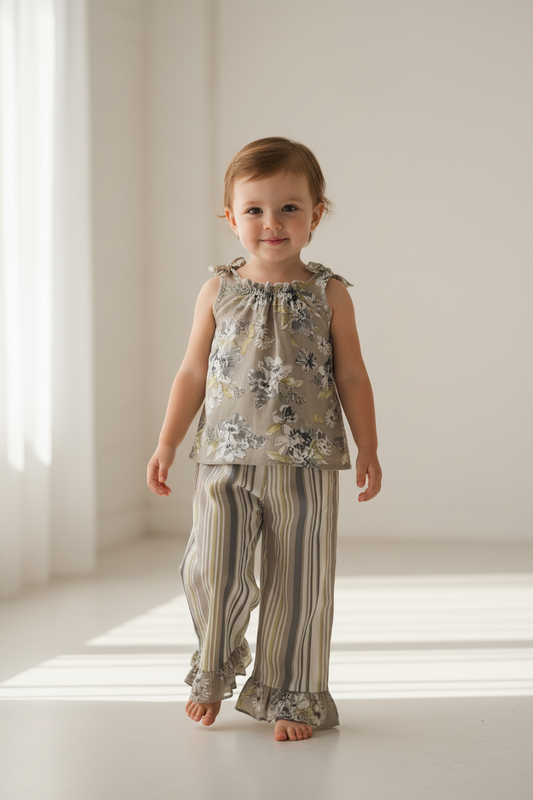 Kids Brown Floral Top & Striped Pants with Printed Ruffle Design