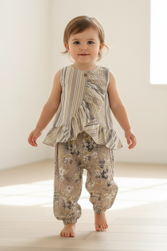Kids 2-Piece Set: Brown Striped Ruffle Top & Floral Pants with Elastic Hem