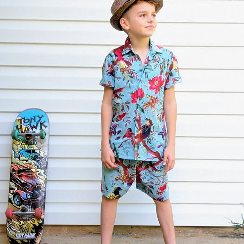 Boys Turquoise Bird Print Shirt & Shorts Set