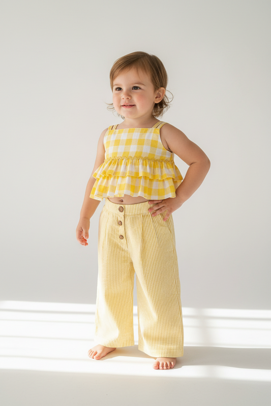 Adorable 2-Piece Yellow Checks Top & Striped Pants Set for Toddler and Tween