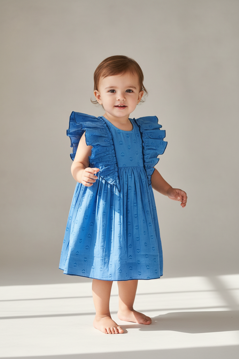 Blue Heart Dobby Kids' Dress with Cap Sleeves and Waist Gathers