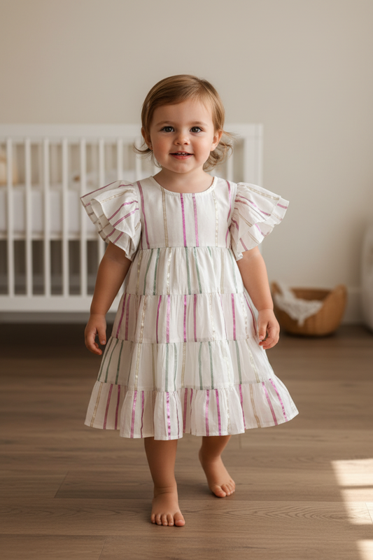 White Layered Dress with Green & Pink Lurex Details & Cap Sleeves