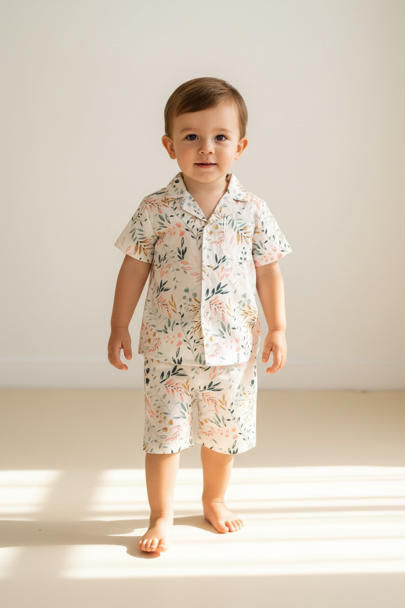 Unisex White Printed Shirt & Matching Shorts Set for Kids & Infants