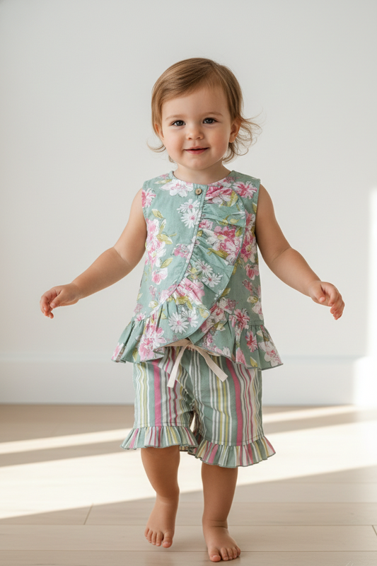 Green Floral Ruffle Top & Stripe Shorts Set for Kids & Infants