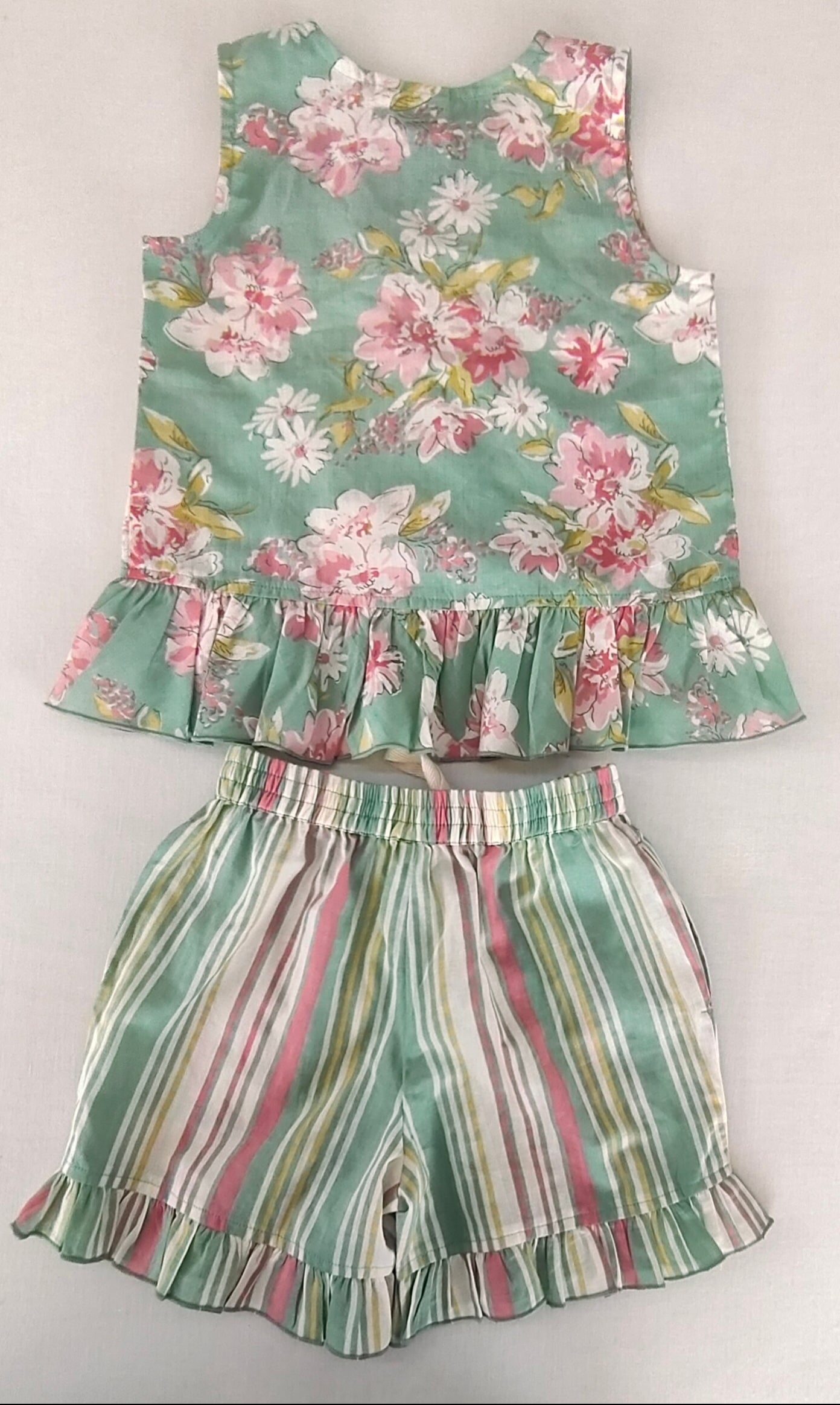 Green Floral Ruffle Top & Stripe Shorts Set for Kids & Infants