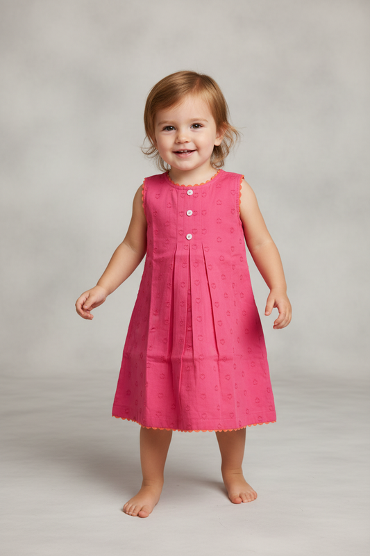 Kids Pink Heart Dobby Dress with Lace Finish
