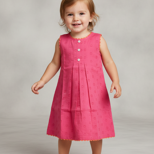 Kids Pink Heart Dobby Dress with Lace Finish