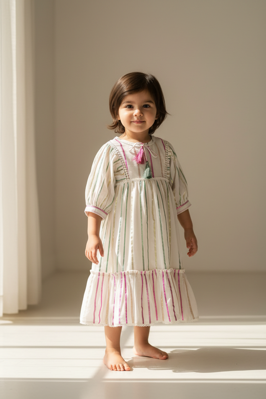 Charming Pink and Green Lurex Stripes Dress Collection for Infants & Women - Yo Baby Online