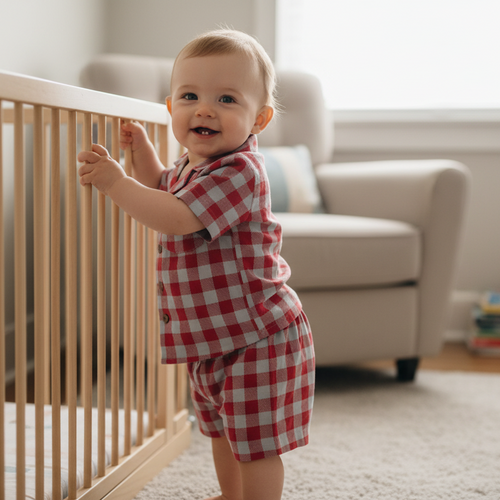 Unisex Red Checks Cotton Shirt & Shorts Set