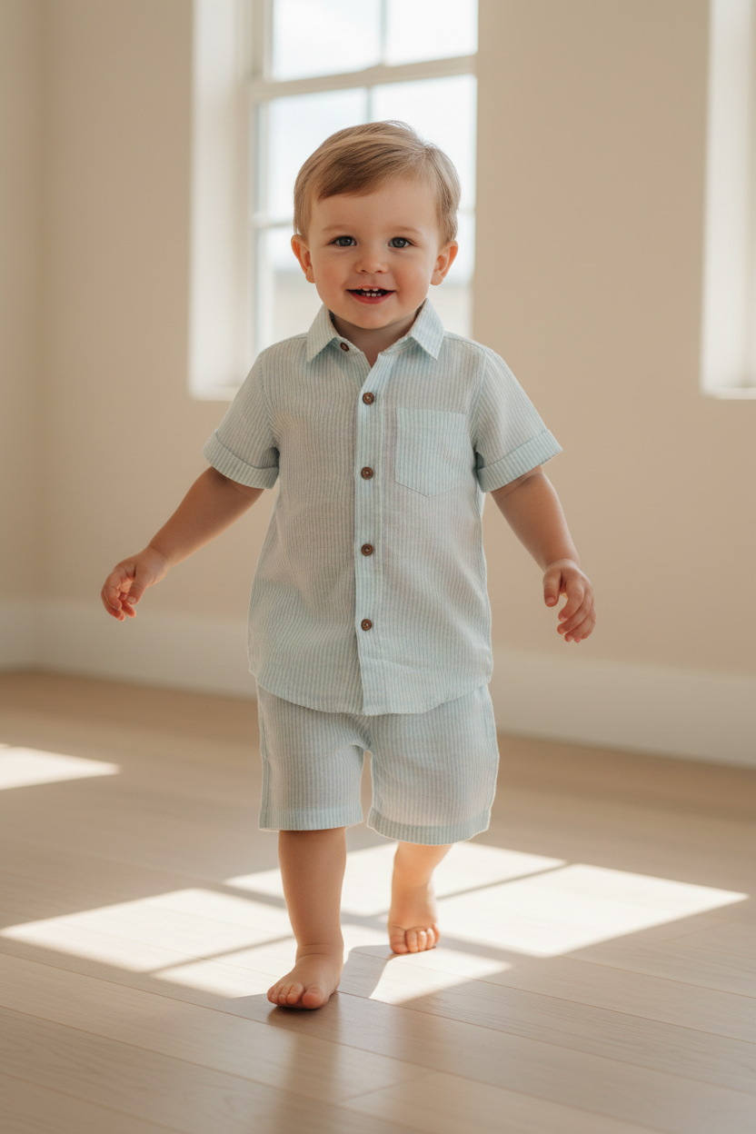 Unisex Kids' Blue Stripe Cotton Shirt & Shorts Set