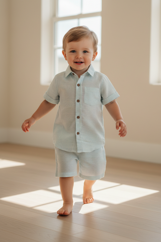 Unisex Kids' Blue Stripe Cotton Shirt & Shorts Set